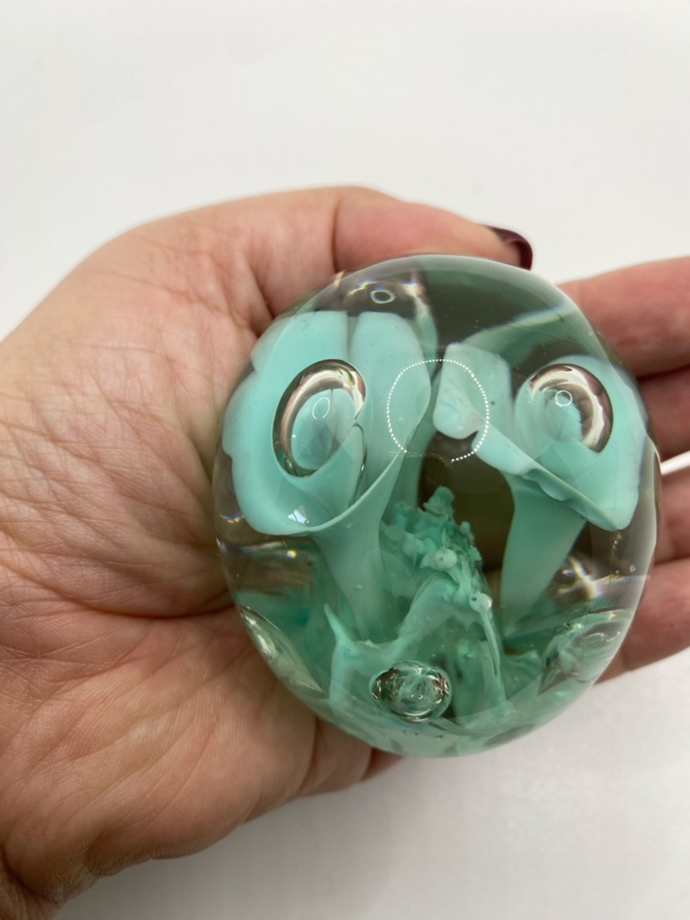 Vintage Light Aqua Blue Floral Art Glass Paperweight Controlled Bubbles Organic
